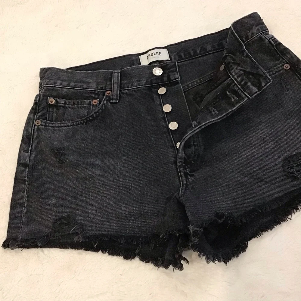 AGOLDE 27 (US 4) Parker Denim Shorts Black High Rise Women’s Distressed Button